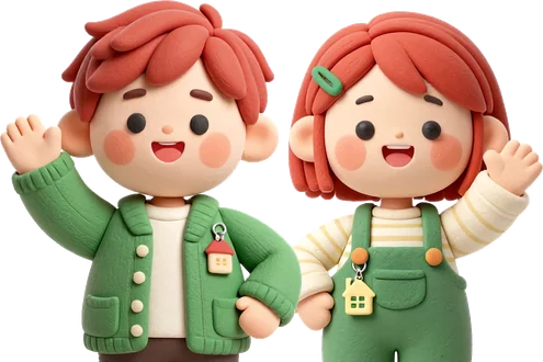 Le due mascotte dell'app, un ragazzo e una ragazza dai capelli rossi, che salutano sorridenti