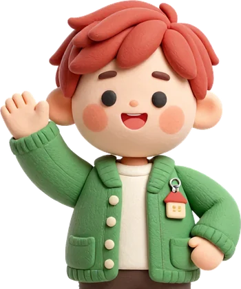 La mascotte dell'app, un host dai capelli rossi con il cardigan verde salvia, che saluta sorridendo