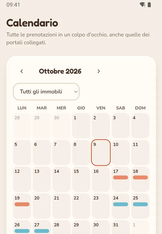Schermata Calendario dell'app: il mese con le notti occupate di ogni casa
