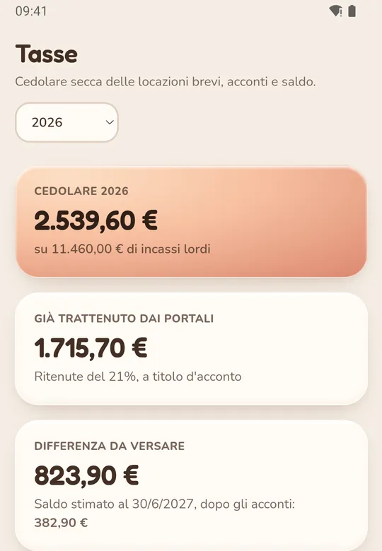 Schermata Tasse dell'app: cedolare secca dell'anno, importo già trattenuto dai portali e differenza da versare