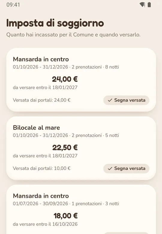Schermata Imposta di soggiorno dell'app: importo da versare al Comune per ogni casa e periodo
