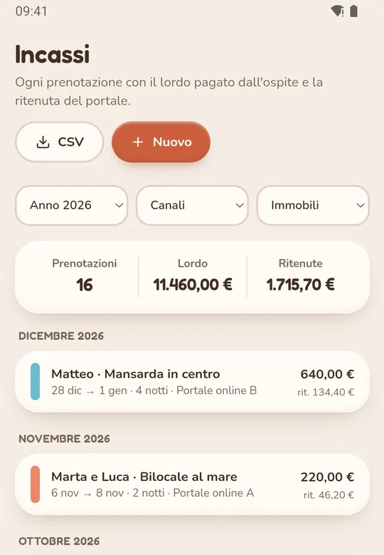 Schermata Incassi dell'app: elenco delle prenotazioni con importo lordo e ritenuta del portale