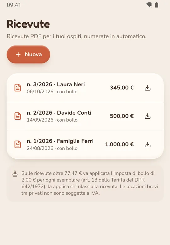 Schermata Ricevute dell'app: elenco delle ricevute in PDF per gli ospiti, numerate e con il bollo