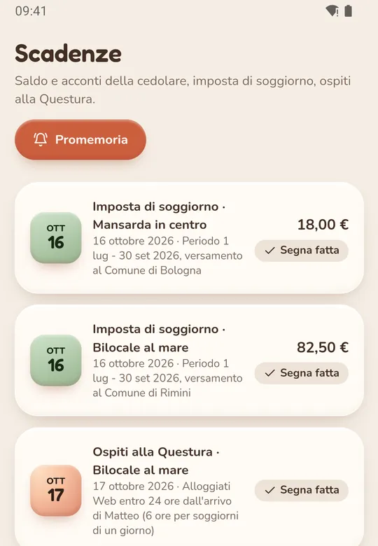 Schermata Scadenze dell'app: imposta di soggiorno e ospiti da comunicare alla Questura, con data e importo
